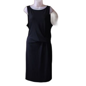 Talbots Black Tie Front Sheath Waterfall Neck Midi Dress Corporate Goth NWT LG